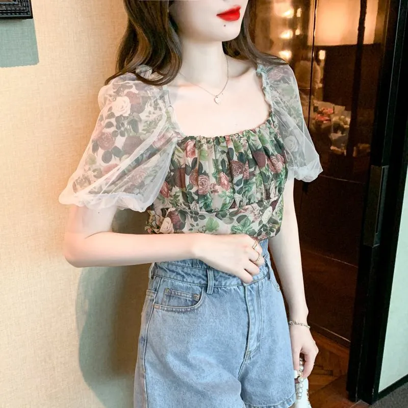 Mesh Square Collar Bubble Sleeve Floral Print Patchwork Chiffon Blouse