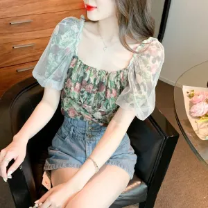 Mesh Square Collar Bubble Sleeve Floral Print Patchwork Chiffon Blouse