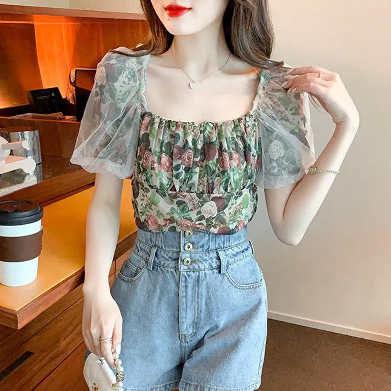 Mesh Square Collar Bubble Sleeve Floral Print Patchwork Chiffon Blouse