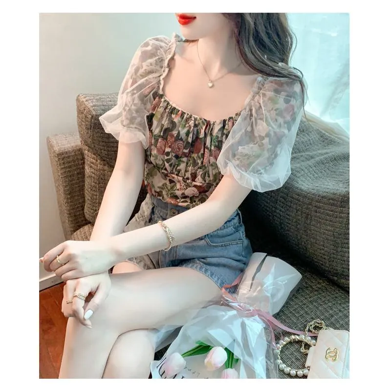 Mesh Square Collar Bubble Sleeve Floral Print Patchwork Chiffon Blouse