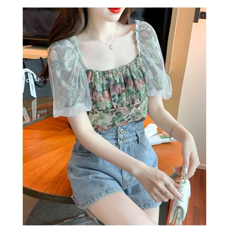 Mesh Square Collar Bubble Sleeve Floral Print Patchwork Chiffon Blouse