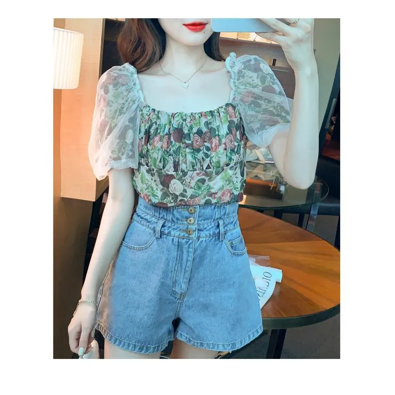 Mesh Square Collar Bubble Sleeve Floral Print Patchwork Chiffon Blouse