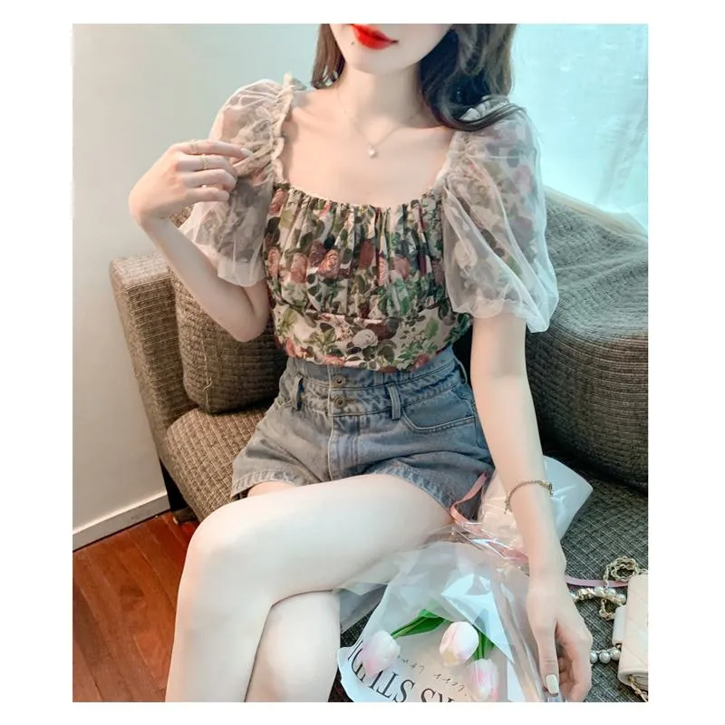 Mesh Square Collar Bubble Sleeve Floral Print Patchwork Chiffon Blouse