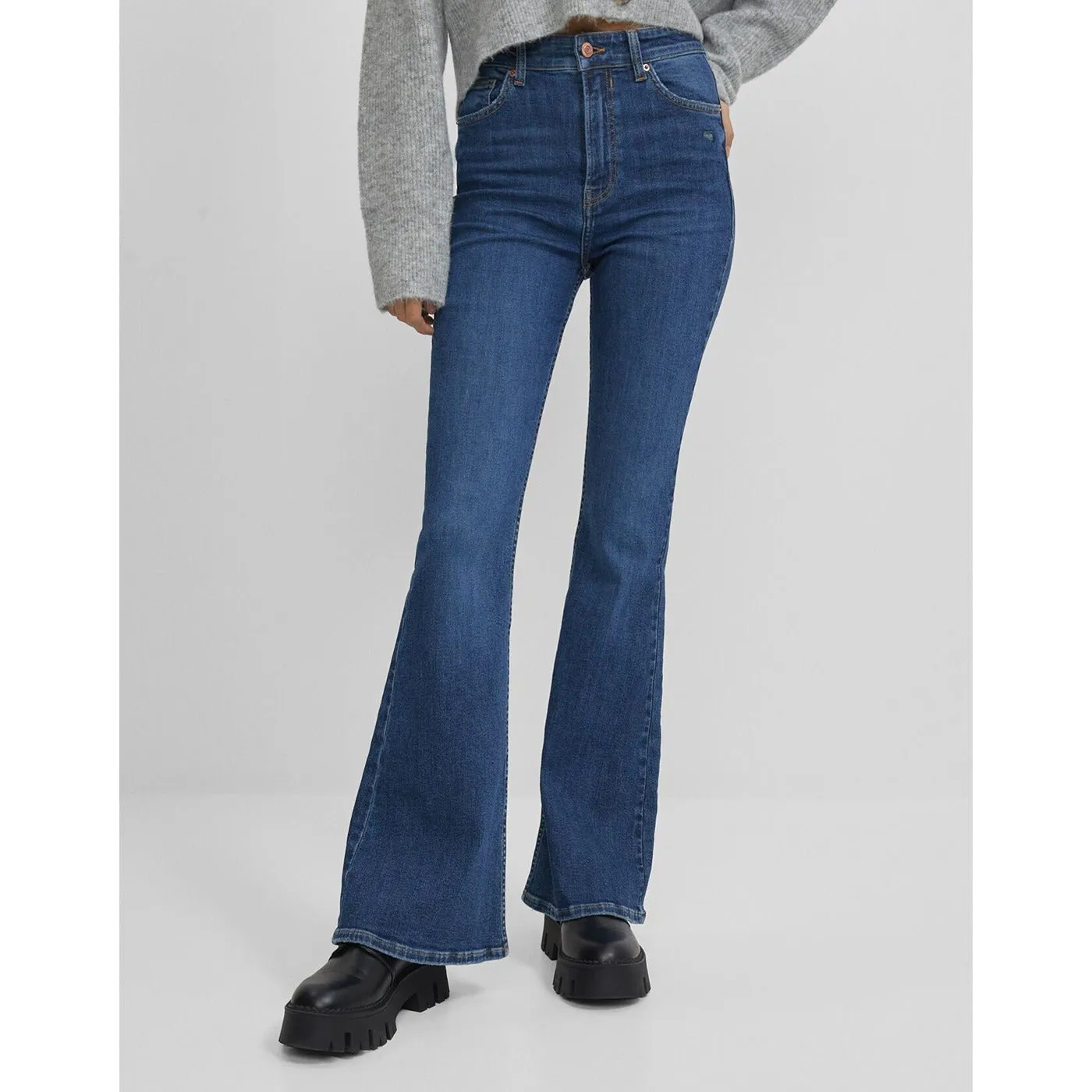 Mid Blue High Rise Flare Jeans