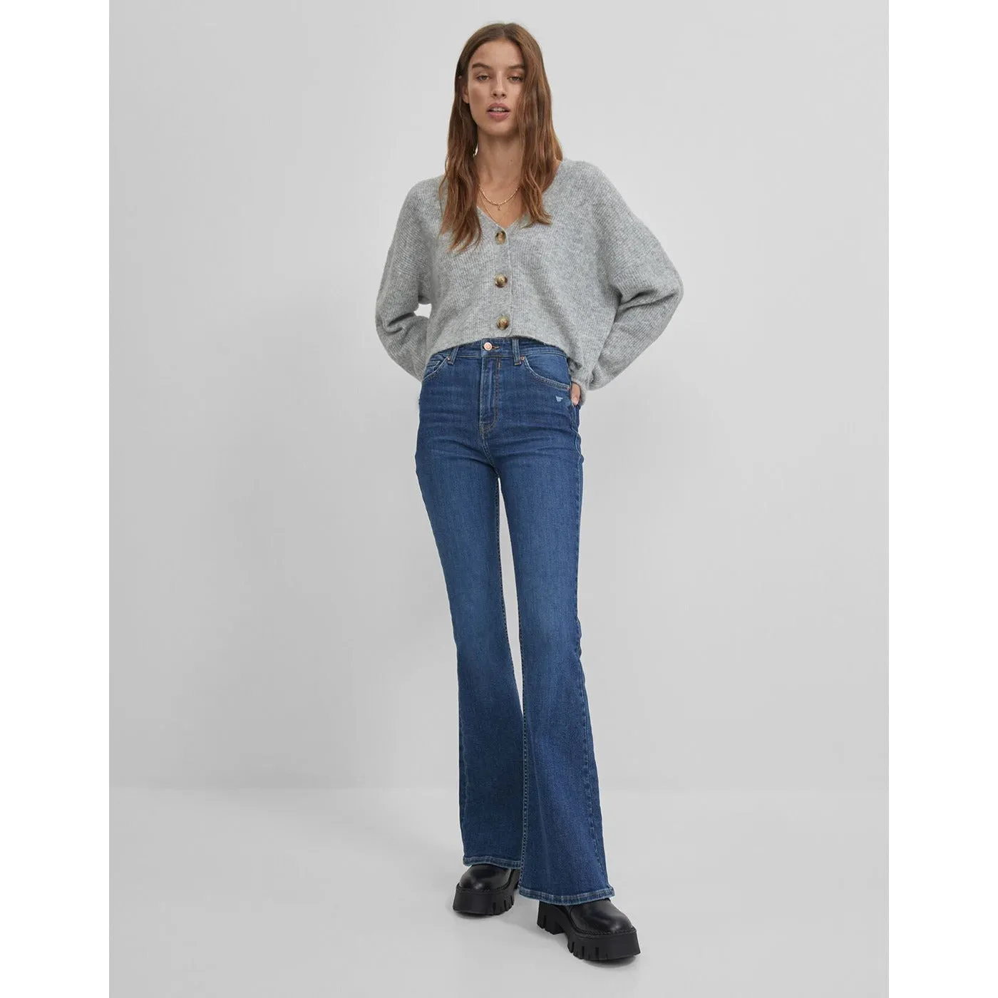 Mid Blue High Rise Flare Jeans