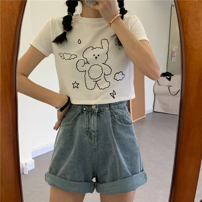 Navel-Baring Cropped Bear Pattern High-Waisted Short Sleeve Tee