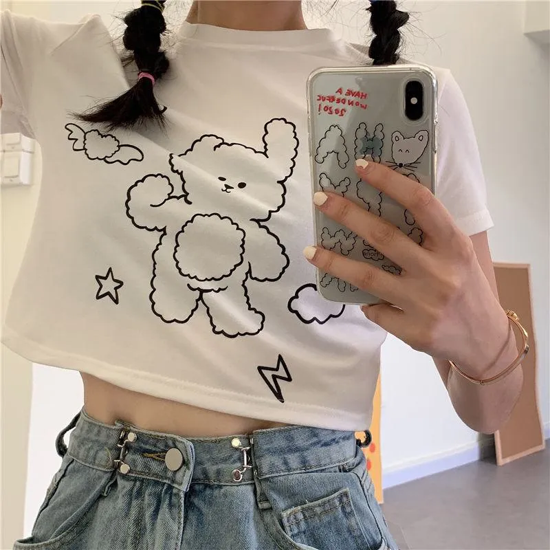 Navel-Baring Cropped Bear Pattern High-Waisted Short Sleeve Tee