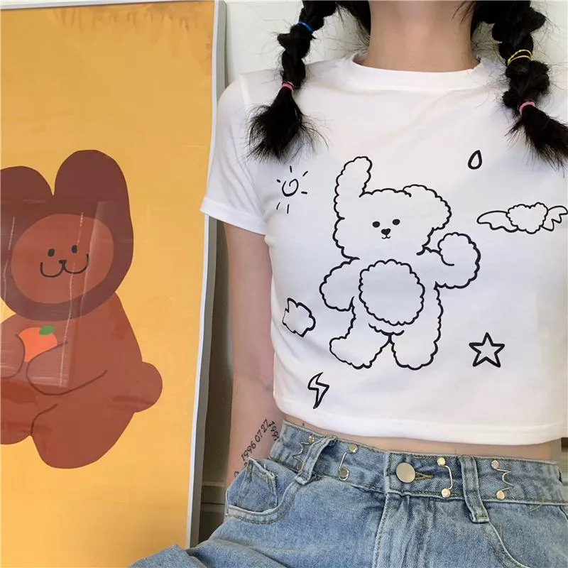 Navel-Baring Cropped Bear Pattern High-Waisted Short Sleeve Tee