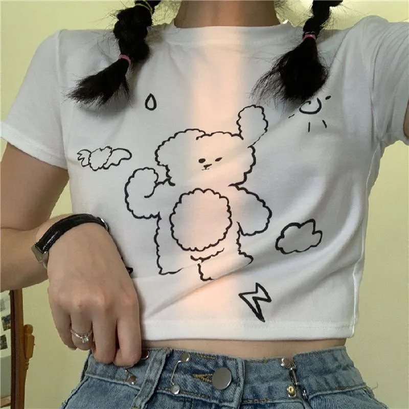 Navel-Baring Cropped Bear Pattern High-Waisted Short Sleeve Tee