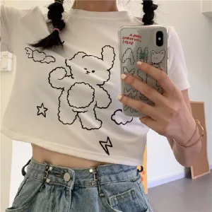 Navel-Baring Cropped Bear Pattern High-Waisted Short Sleeve Tee