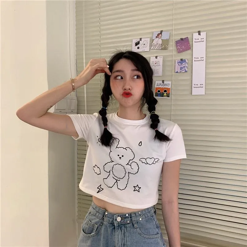 Navel-Baring Cropped Bear Pattern High-Waisted Short Sleeve Tee