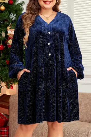 Plus Size Textured Velvet Decorative Button Long Sleeve Dress