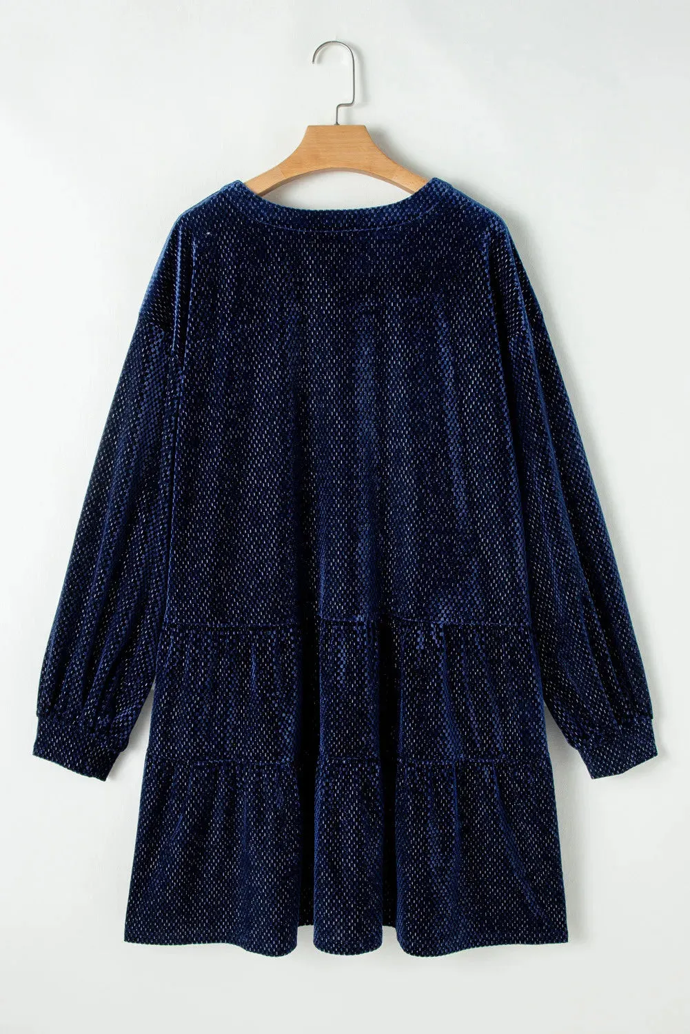 Plus Size Textured Velvet Decorative Button Long Sleeve Dress