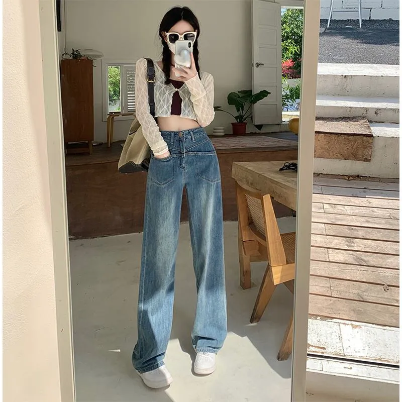 Pocket Floor-Length Loose Fit High-Waisted Wide-Leg Retro Dividing Line Jeans