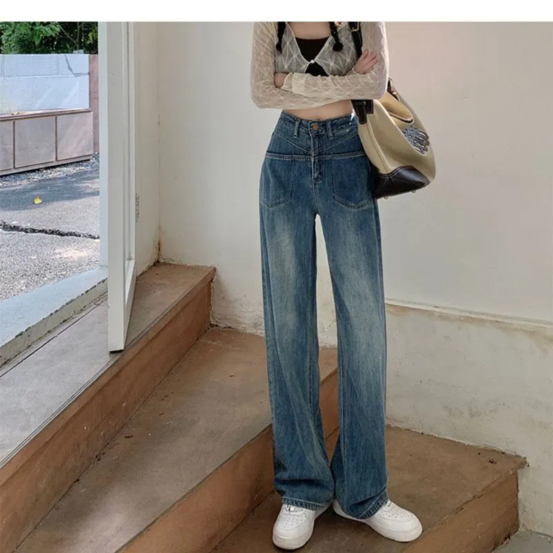 Pocket Floor-Length Loose Fit High-Waisted Wide-Leg Retro Dividing Line Jeans