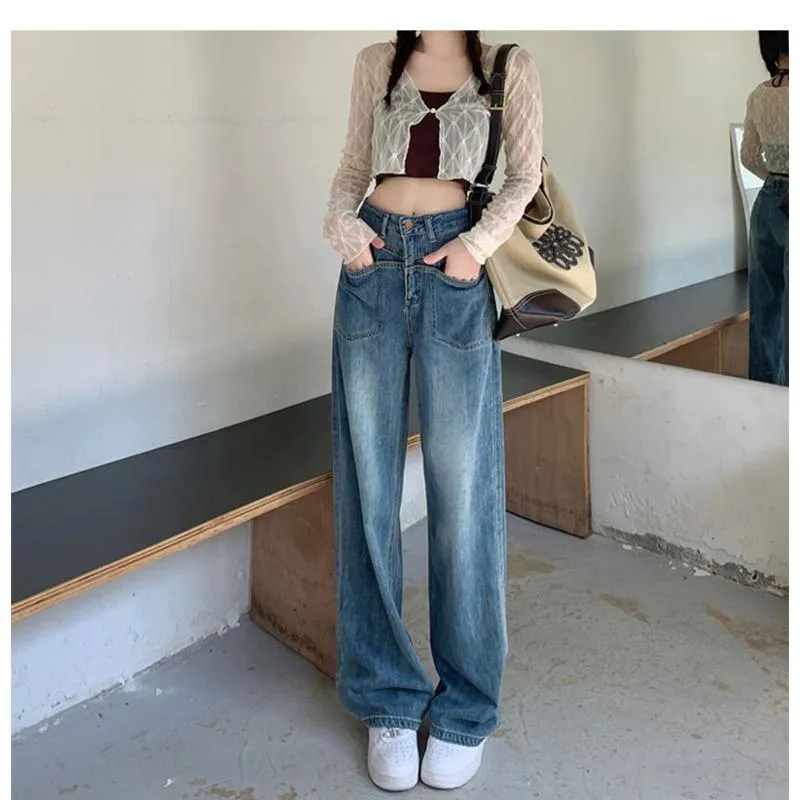 Pocket Floor-Length Loose Fit High-Waisted Wide-Leg Retro Dividing Line Jeans