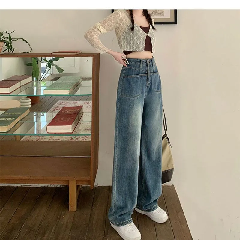 Pocket Floor-Length Loose Fit High-Waisted Wide-Leg Retro Dividing Line Jeans