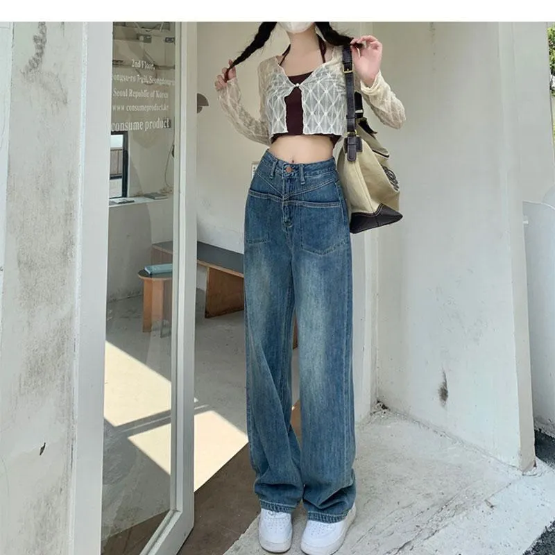 Pocket Floor-Length Loose Fit High-Waisted Wide-Leg Retro Dividing Line Jeans