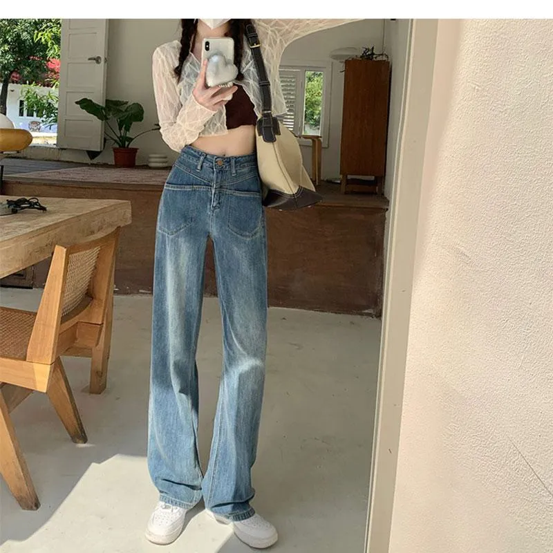 Pocket Floor-Length Loose Fit High-Waisted Wide-Leg Retro Dividing Line Jeans