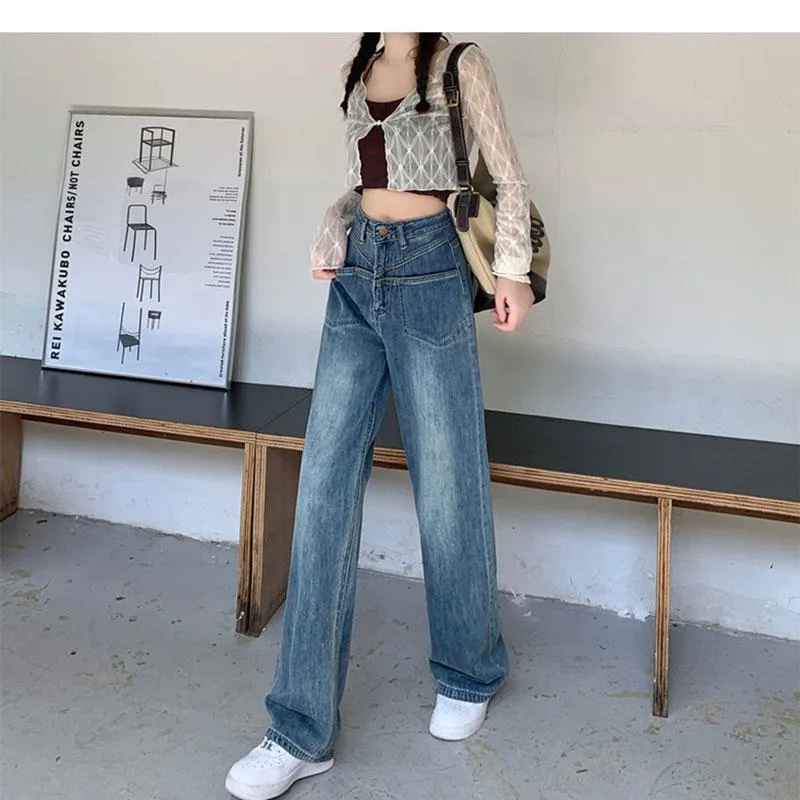 Pocket Floor-Length Loose Fit High-Waisted Wide-Leg Retro Dividing Line Jeans