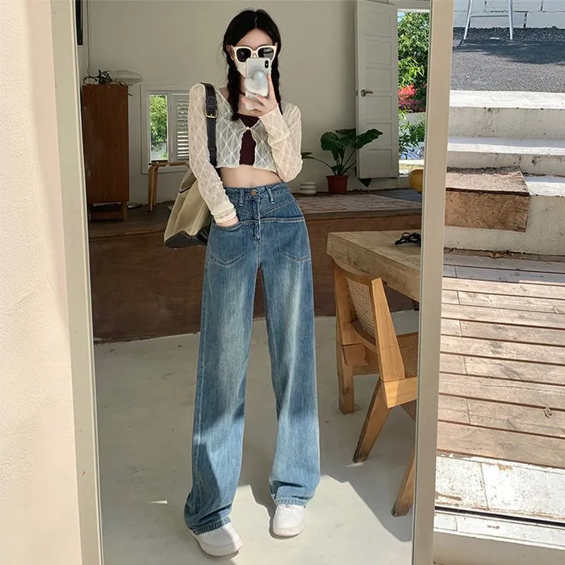 Pocket Floor-Length Loose Fit High-Waisted Wide-Leg Retro Dividing Line Jeans