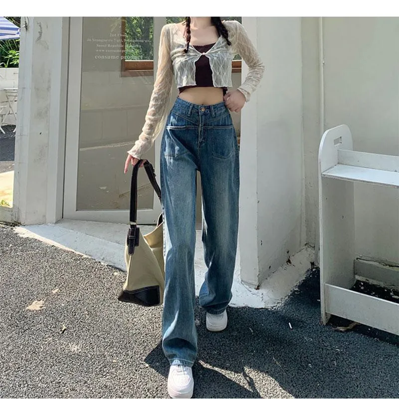 Pocket Floor-Length Loose Fit High-Waisted Wide-Leg Retro Dividing Line Jeans