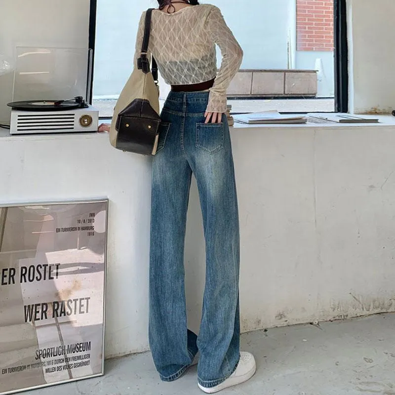 Pocket Floor-Length Loose Fit High-Waisted Wide-Leg Retro Dividing Line Jeans