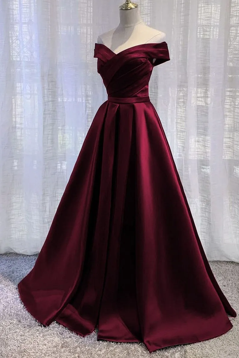 Purple Satin Off Shoulder Long Prom Dress,A-line Simple Women Formal Dresses