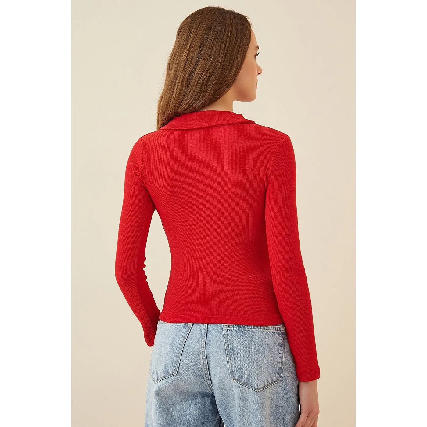 Red Polo Corduroy Knitted Blouse