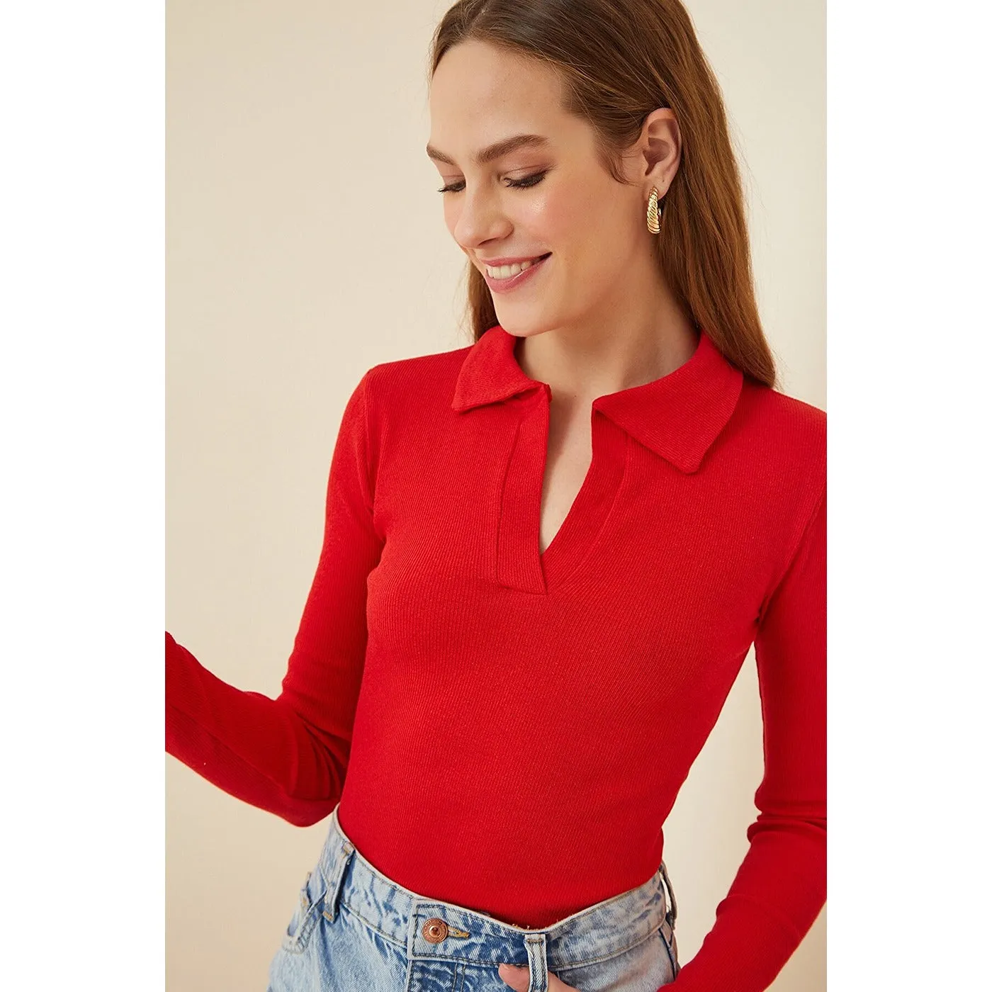 Red Polo Corduroy Knitted Blouse