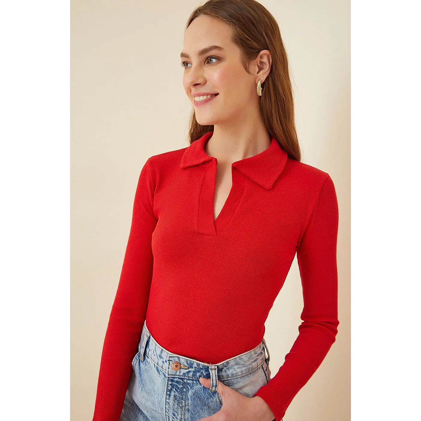 Red Polo Corduroy Knitted Blouse