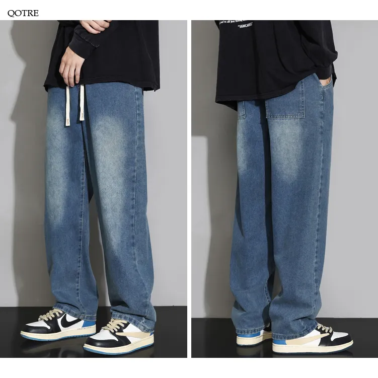 Retro Elastic Waist Loose Fit Drawstring Straight Jeans