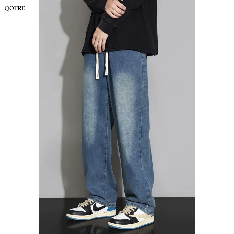 Retro Elastic Waist Loose Fit Drawstring Straight Jeans