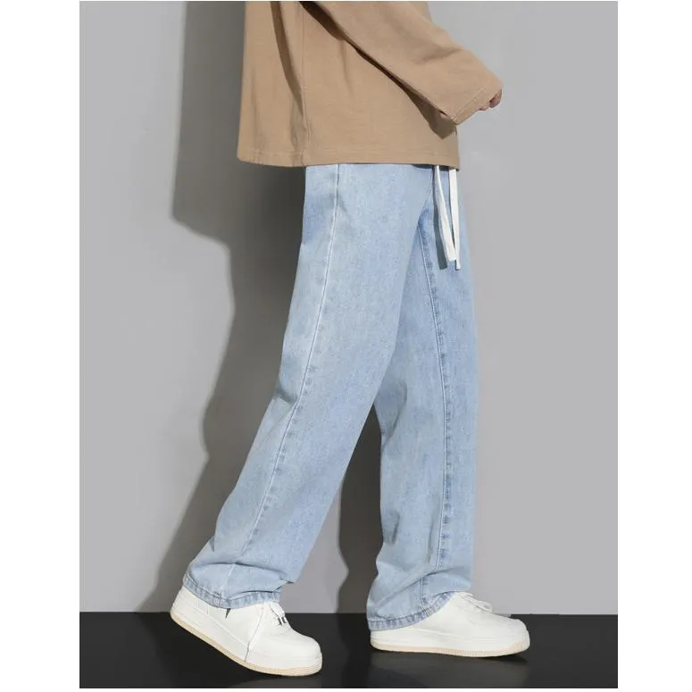 Retro Elastic Waist Loose Fit Drawstring Straight Jeans