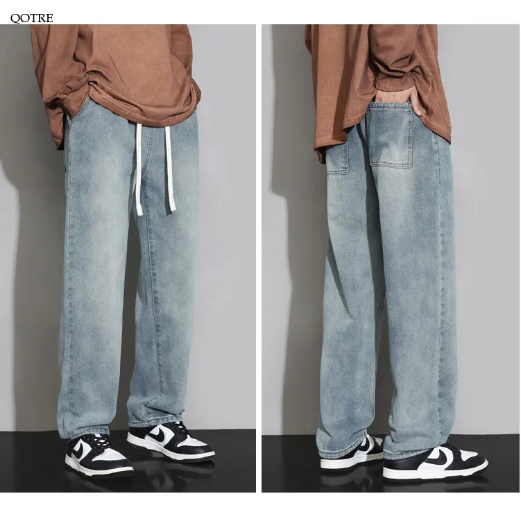 Retro Elastic Waist Loose Fit Drawstring Straight Jeans