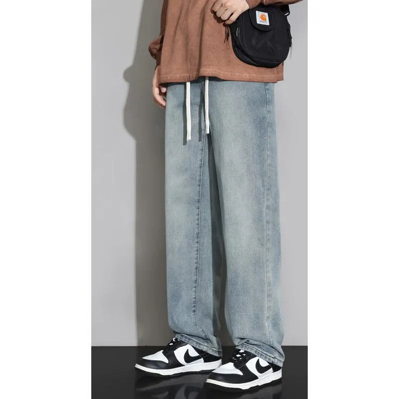 Retro Elastic Waist Loose Fit Drawstring Straight Jeans