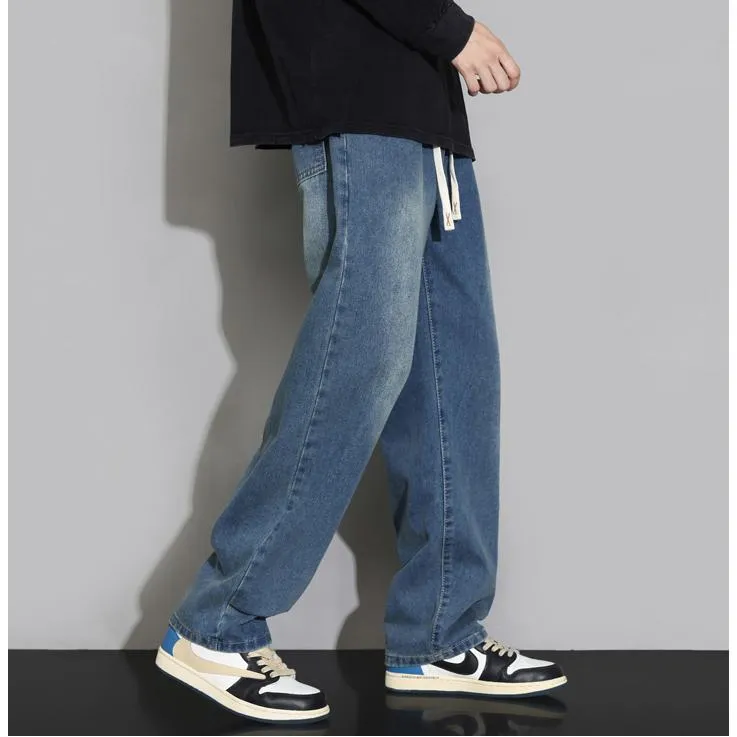 Retro Elastic Waist Loose Fit Drawstring Straight Jeans