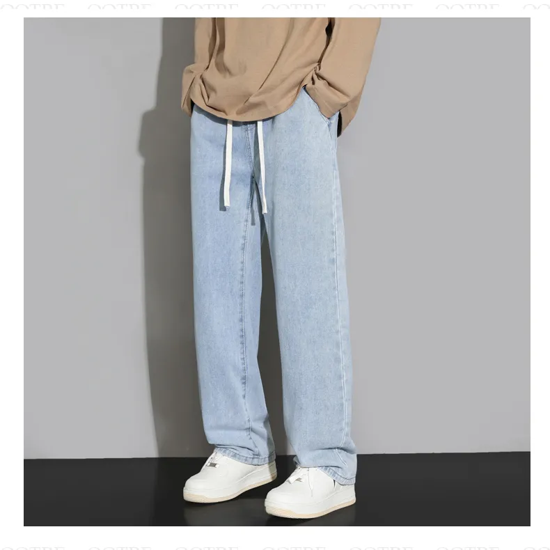 Retro Elastic Waist Loose Fit Drawstring Straight Jeans