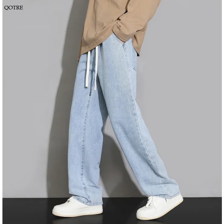 Retro Elastic Waist Loose Fit Drawstring Straight Jeans