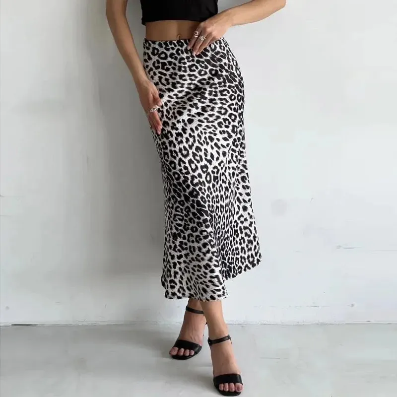 Sexy Vintage Fashion Leopard Print Satin A-Line High Waist Maxi Skirt