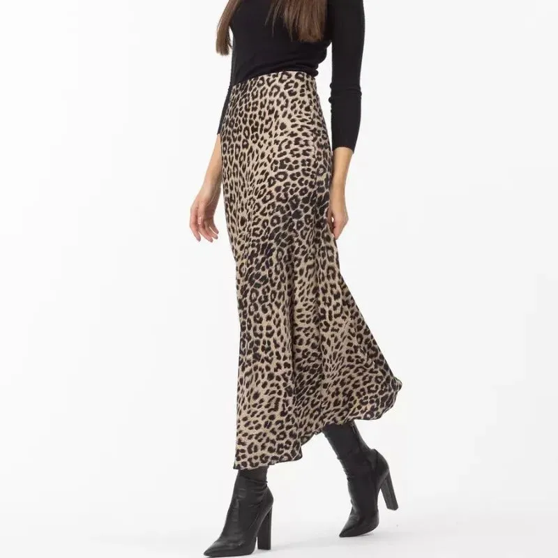 Sexy Vintage Fashion Leopard Print Satin A-Line High Waist Maxi Skirt