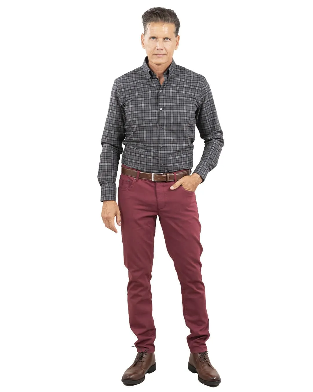 Slim Fit Burgundy Brushed Twill Check Button Down Shirt