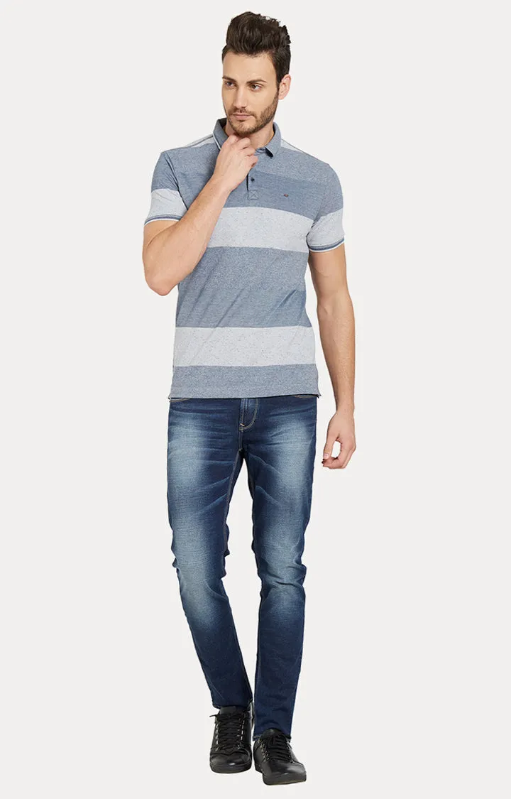 Spykar Blue Striped Slim Fit Polo Tshirt For Men