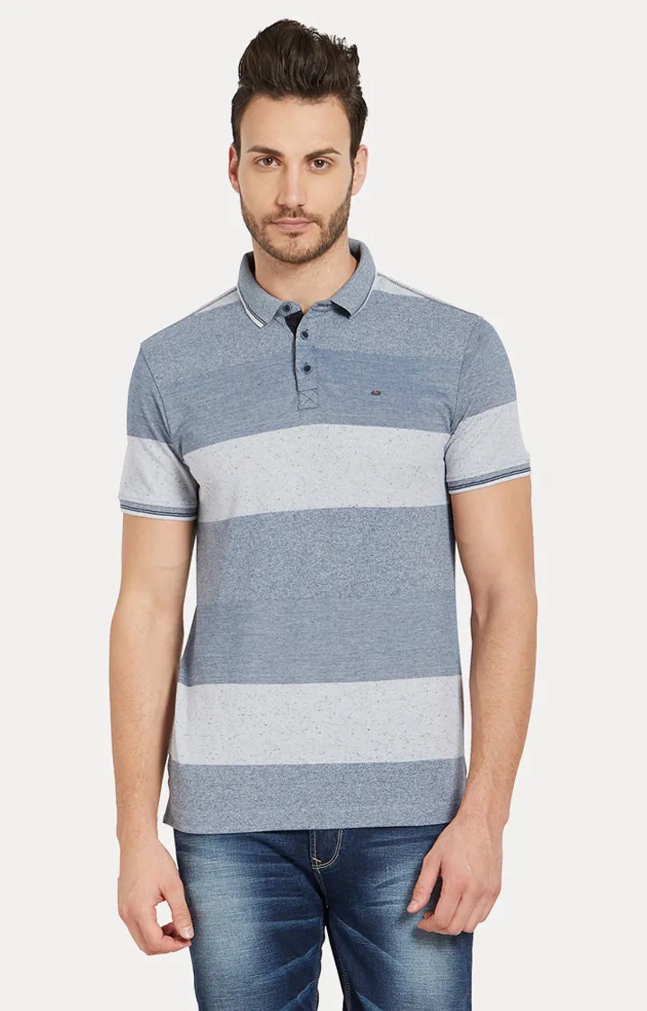 Spykar Blue Striped Slim Fit Polo Tshirt For Men