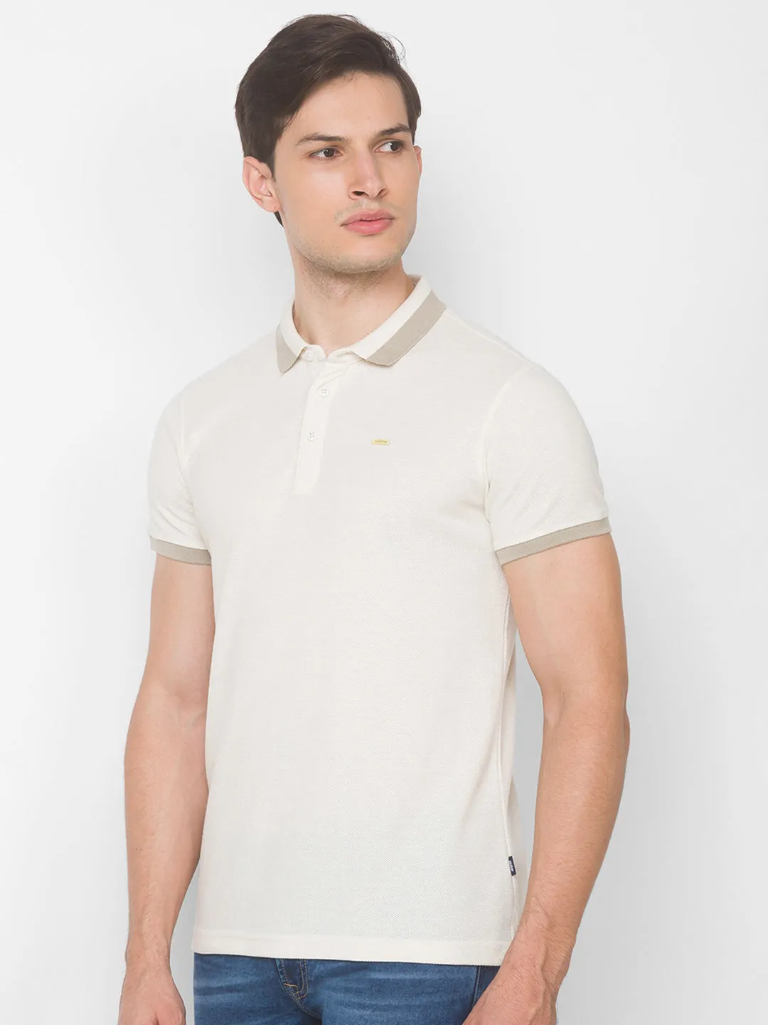 Spykar Men Beige Cotton Slim Fit Polo T-Shirt