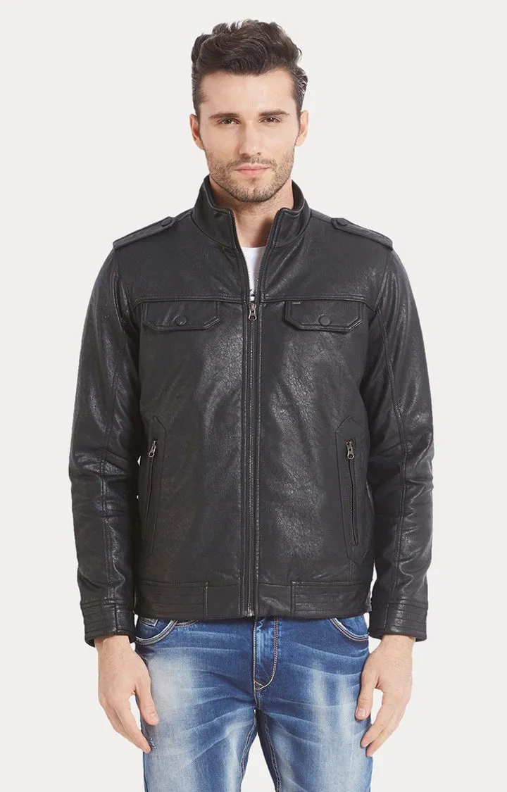 Spykar Men Black Solid Regular Fit Leather Jacket