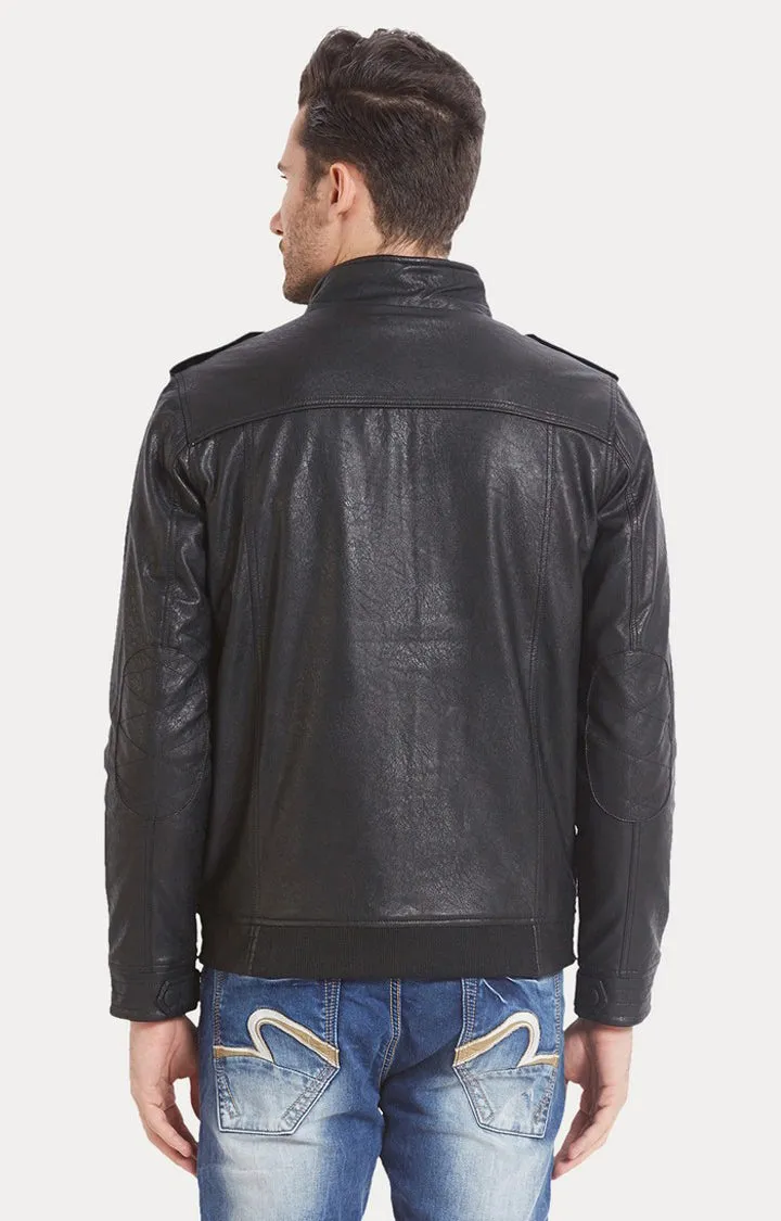 Spykar Men Black Solid Regular Fit Leather Jacket