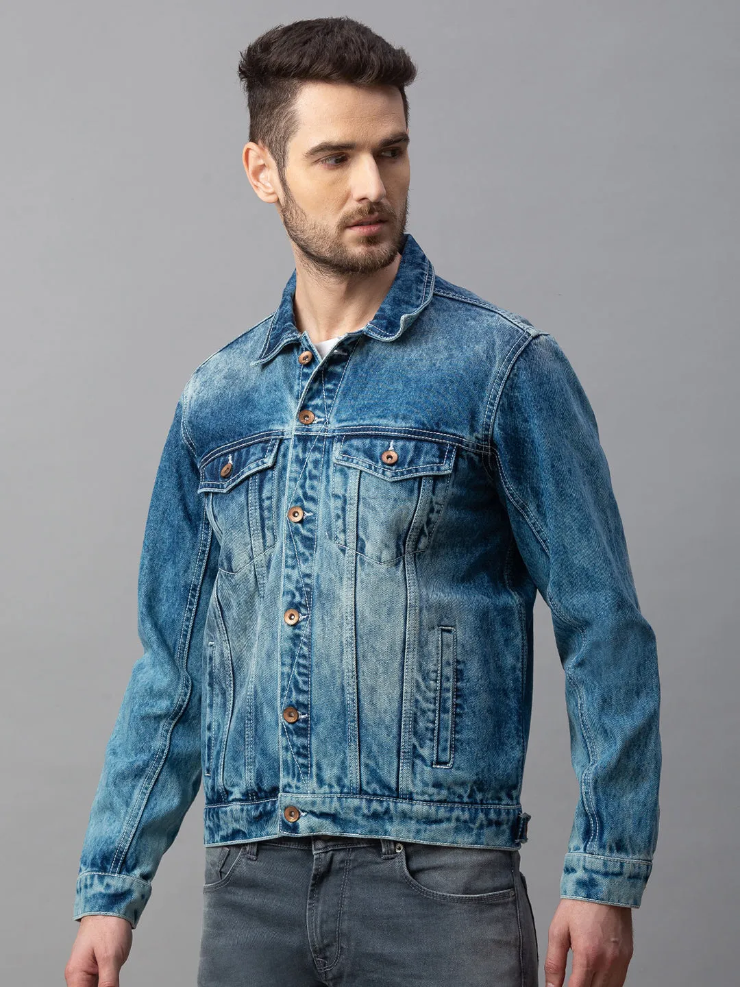 Spykar Men Blue Cotton Regular Fit Jacket (Regular)