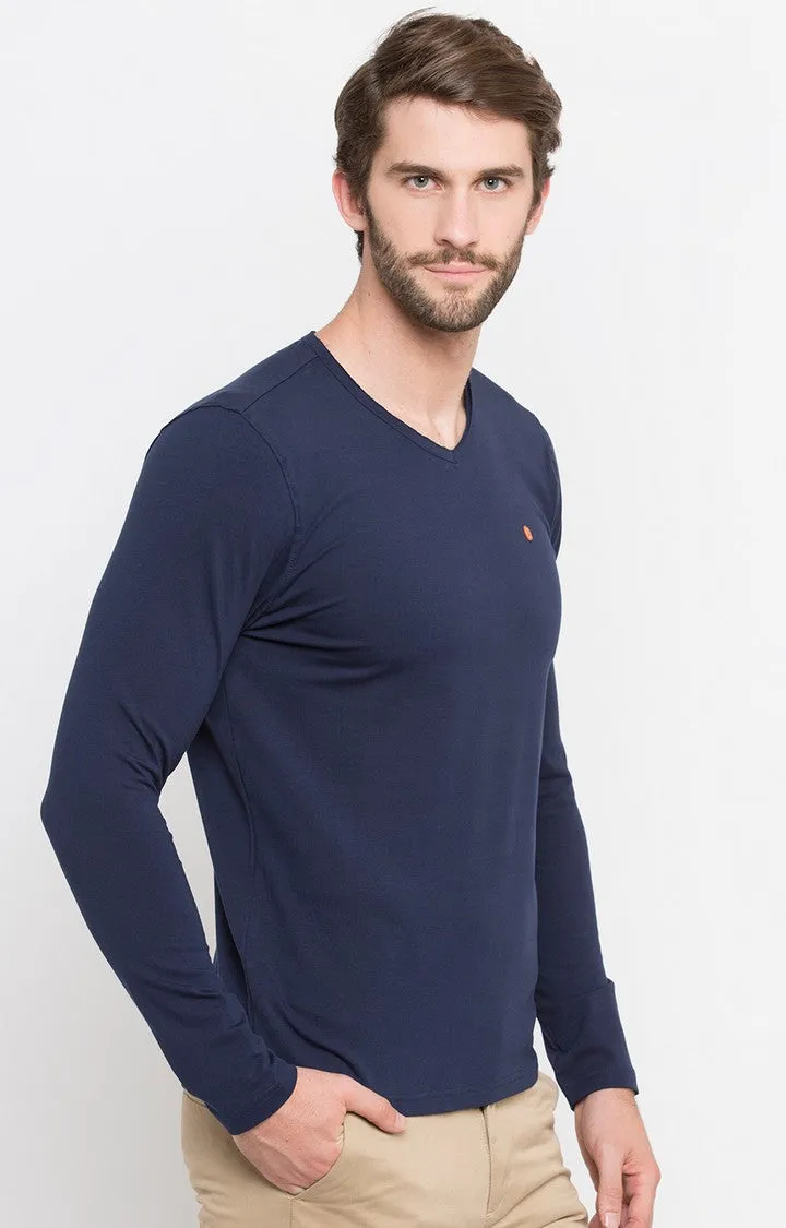 Spykar Men Blue Cotton Slim Fit V-Neck T-Shirt