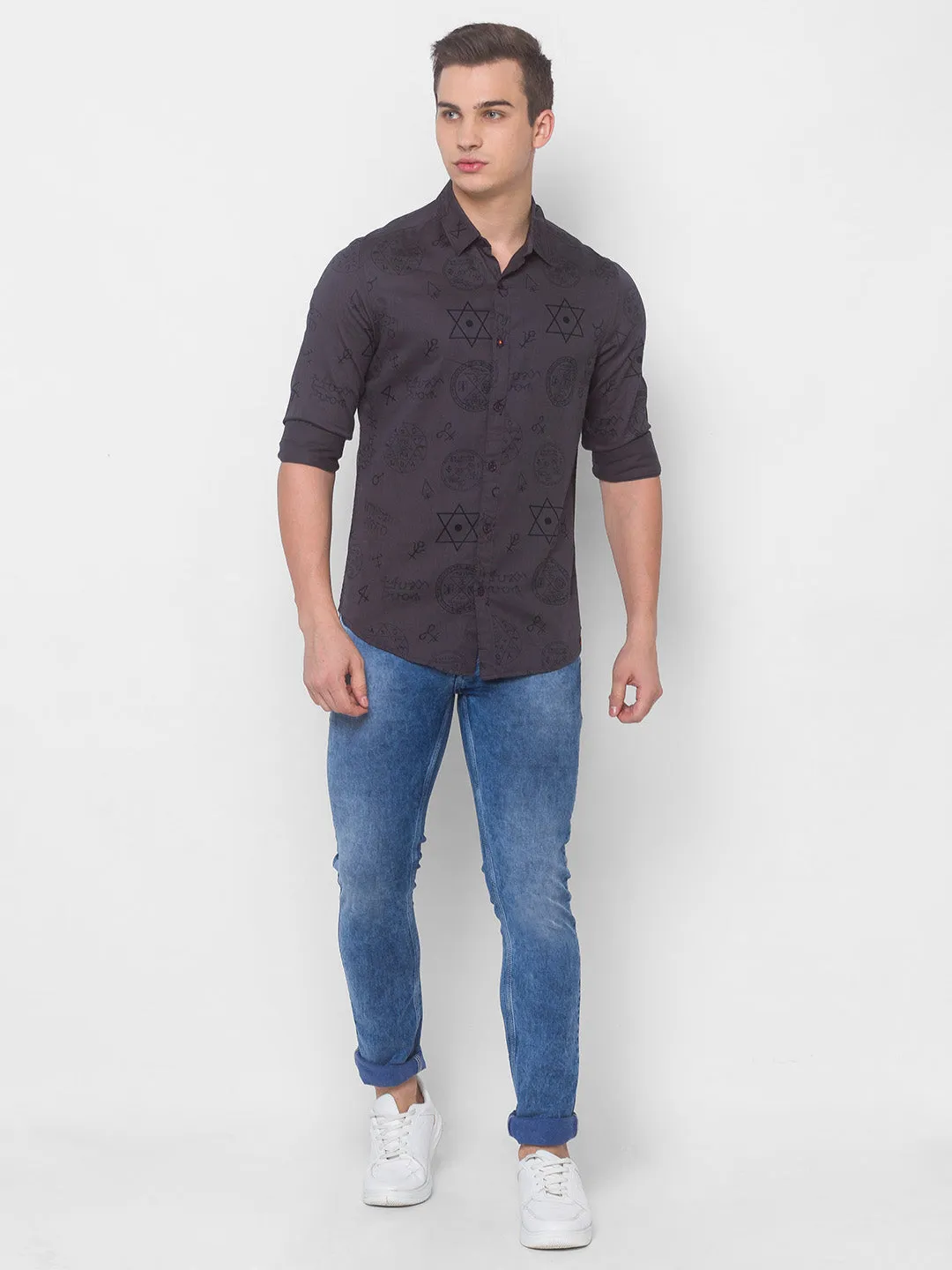 Spykar Men Charcoal Grey Cotton Shirts (Slim)